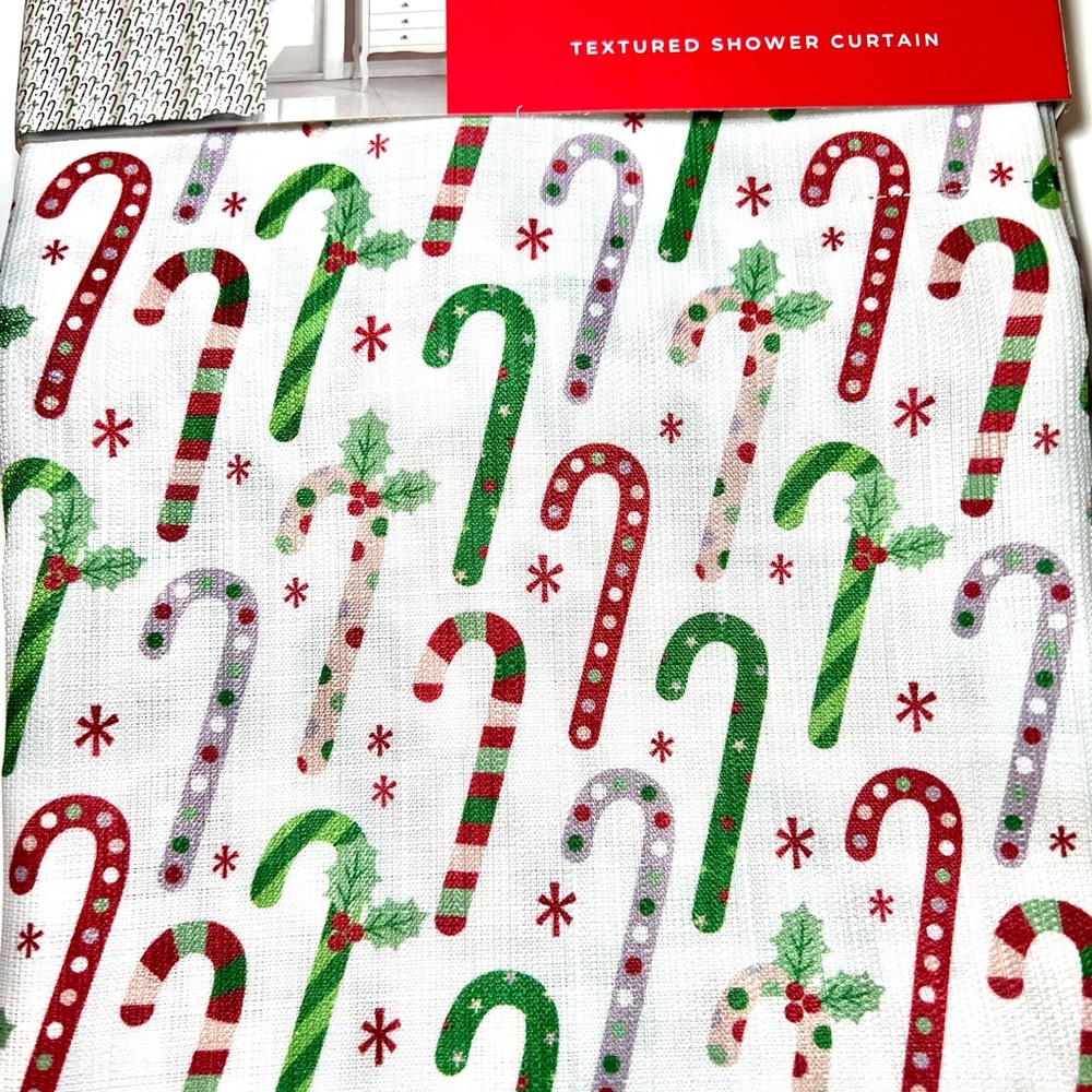 Christmas Fabric Candy Cane Shower Curtain Textured Polka Dots & Stripes - Picture 4 of 8